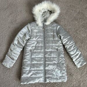 Disney Silver Girls' Hooded Puffer Coat with Faux Fur Trim